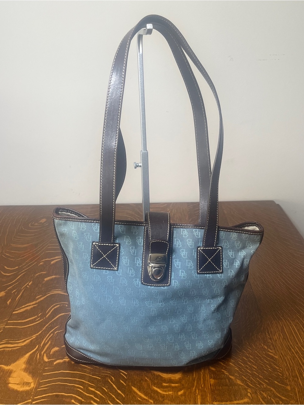 Dooney & Bourke Blue Logo Canvas Tote with Dark Brown Leather Trim Y2K Purse.